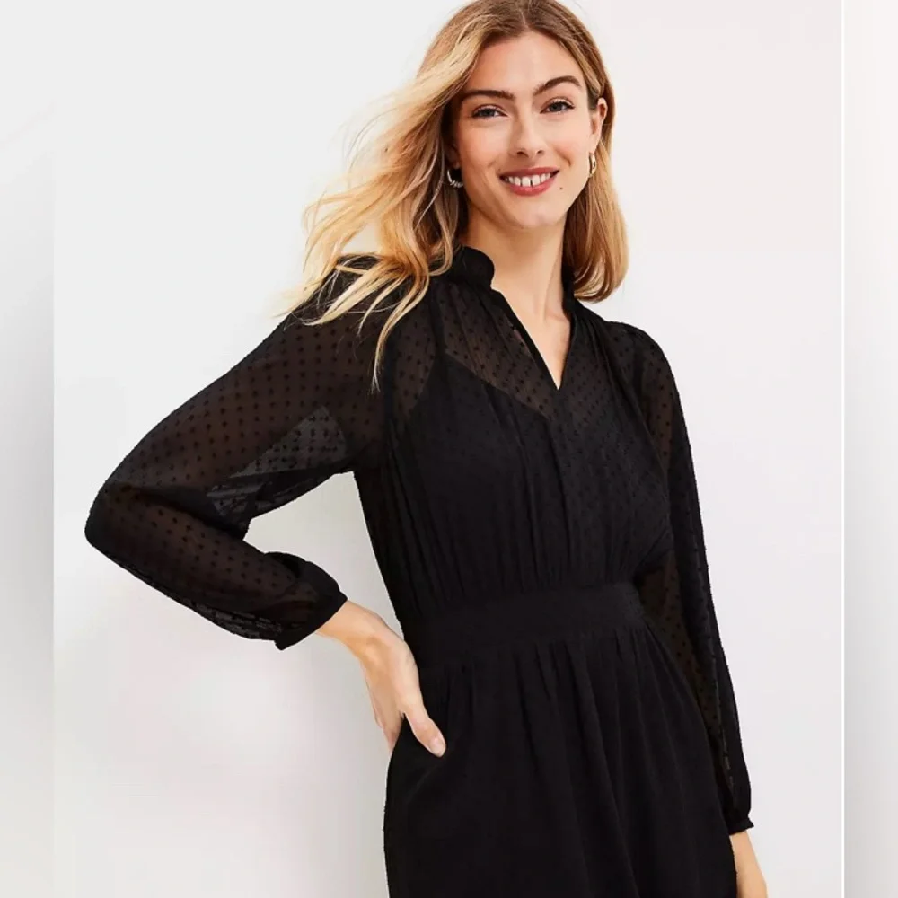 LOFT Tall Clip Godet Flare Dress Black Size 14T - Swiss Dot Texture EUC - Picture 8 of 11